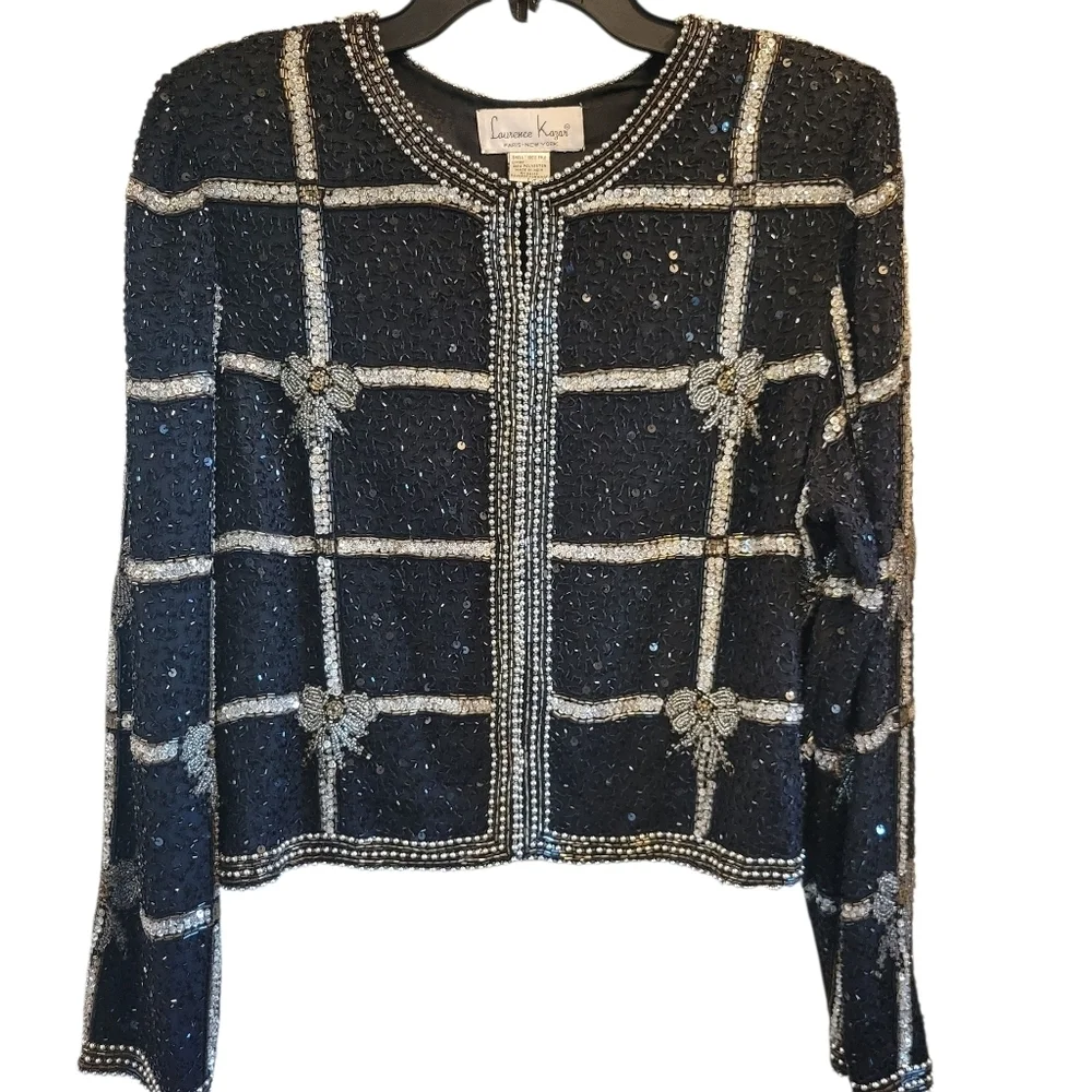 Vintage Laurence Kazar Black Silver Gold Silk Beaded Jacket